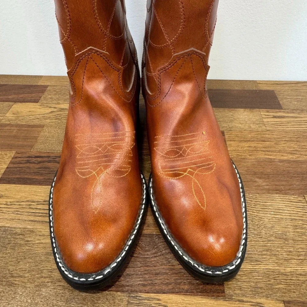 Bronco Womens Western Boots 8.5 Leather Made‎ in USA Mid Calf Cowboy Brown